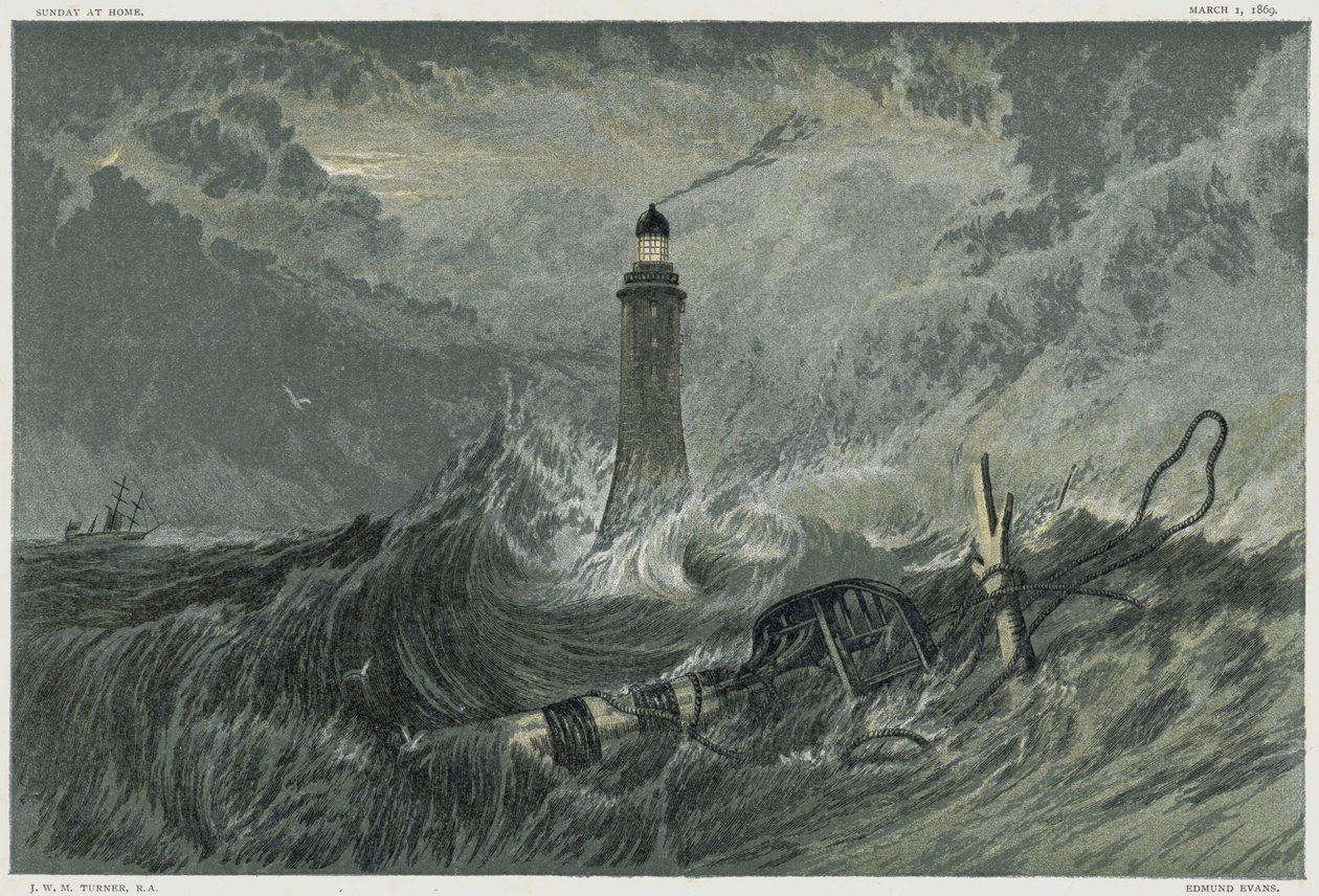 Eddystone világítótorony, amelyet John Smeaton angol civil mérnök épített az Eddystone-sziklán 1757-1759 között. Kromolitográfia JMW Turner festménye után. alkotó: Joseph Mallord William Turner