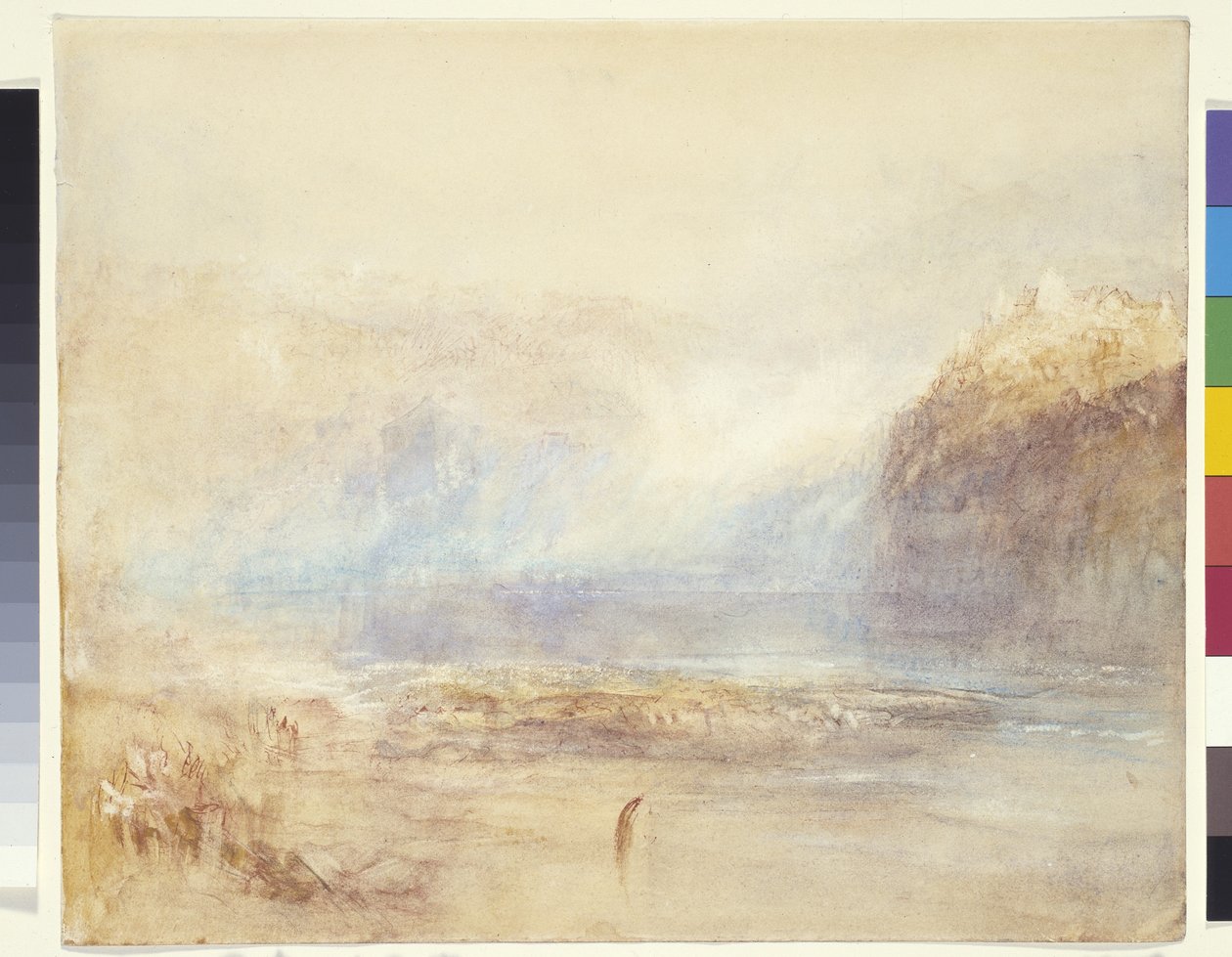 Rajna vízesése Schaffhausenben – Távoli kilátás (akvarell, toll és piros tinta szürke mosáson fehér papíron) alkotó: Joseph Mallord William Turner