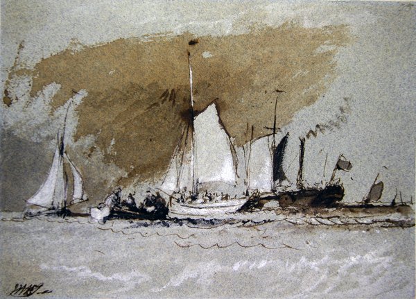 Halászhajók a tengeren, gőzhajóra szállás Cowesnél, Isle of Wight (toll- és tintamosás, valamint testszín kék papíron) alkotó: Joseph Mallord William Turner