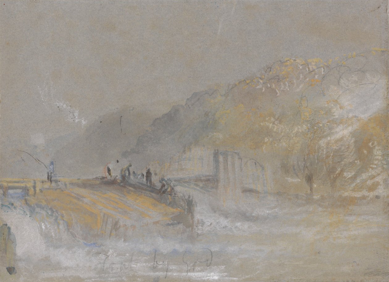 Foul by God: folyóparti táj halászokkal, akik egy gátból horgásznak alkotó: Joseph Mallord William Turner
