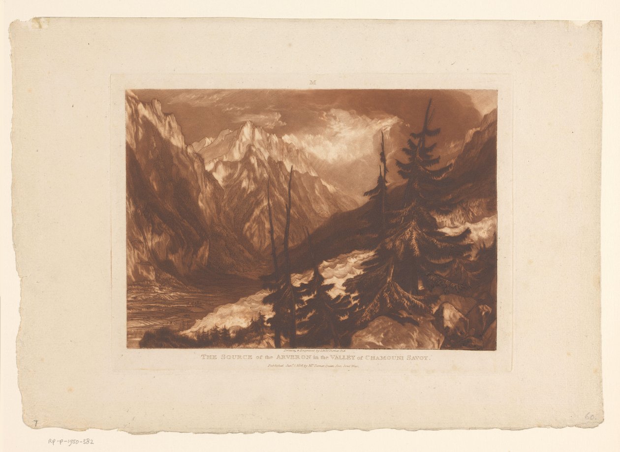 Kilátás a Chamonix-völgyre az Arveyron folyóval Az Arveron forrása Chamouni Savoy völgyében (cím a tárgyon) Tájtanulmányok (sorozat címe) Liber Studiorum (sorozat címe) alkotó: Joseph Mallord William Turner