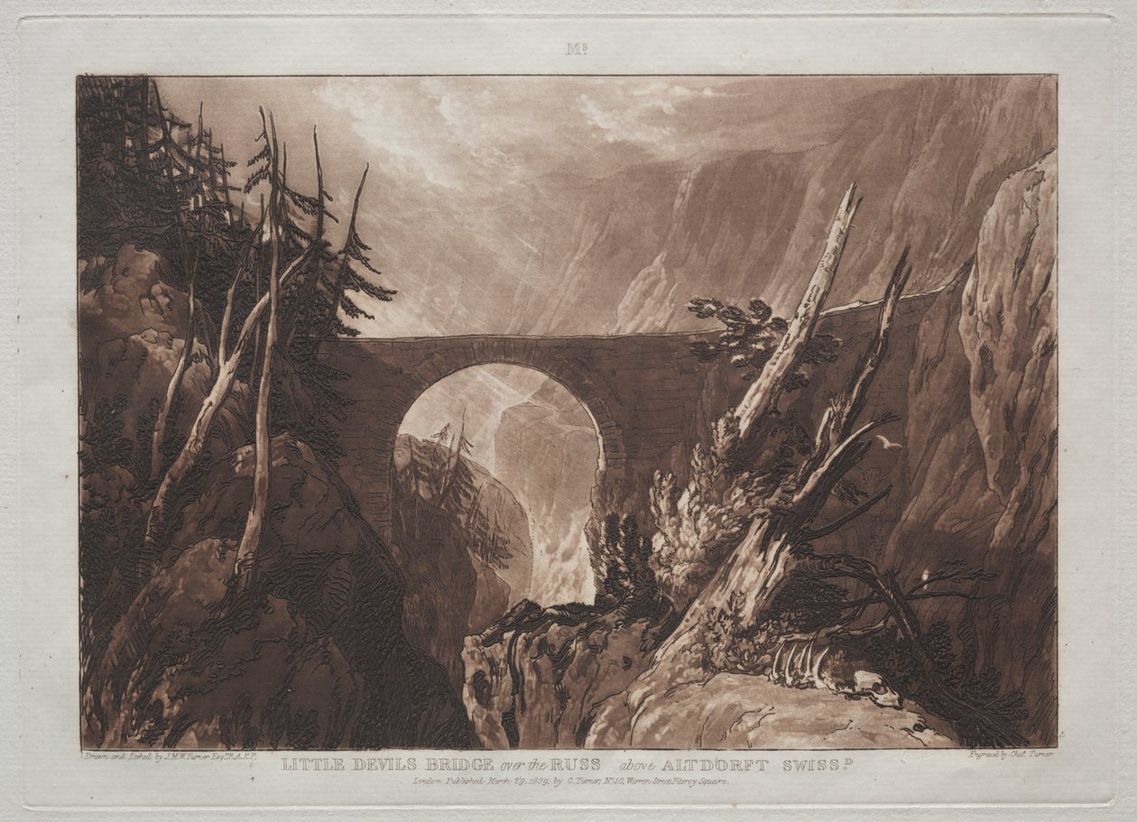Liber Studiorum: Little Devils Bridge a Russ felett, Altdorft felett, Svájcban. alkotó: Joseph Mallord William Turner