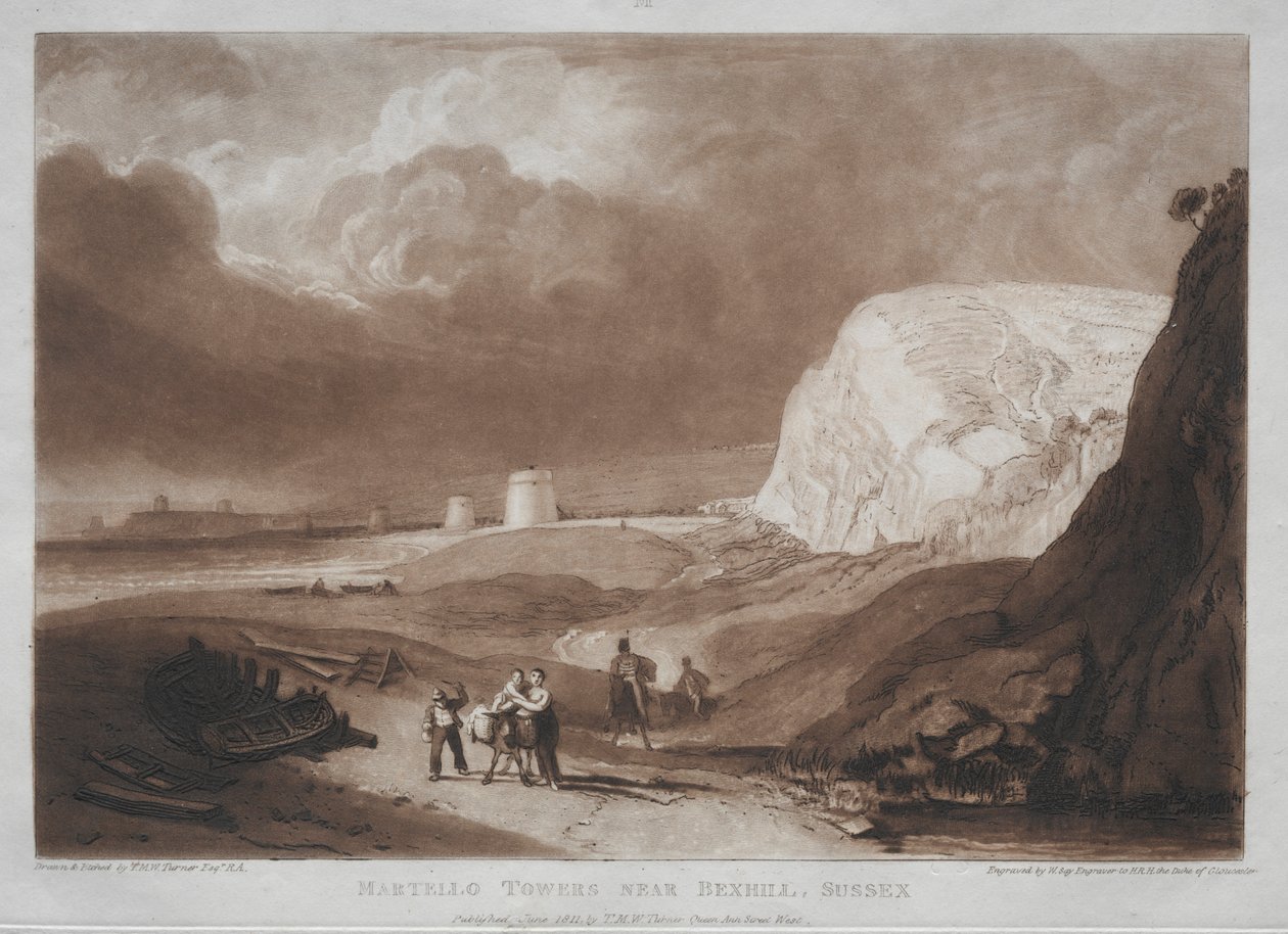 Liber Studiorum: Martello Towers, Bexhill közelében, Sussexben. alkotó: Joseph Mallord William Turner
