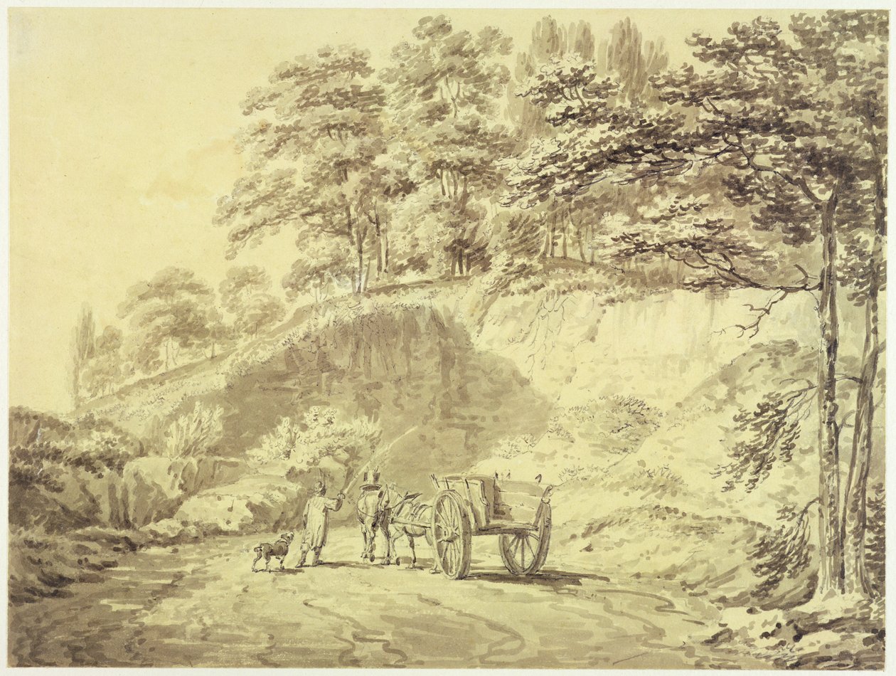 Férfi lóval és szekérrel belép a kőbányába, 1797 körül (grafit és szürke mosás papíron) alkotó: Joseph Mallord William Turner