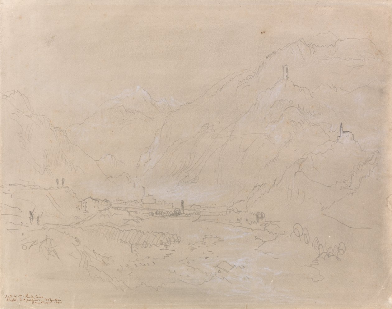 Hegyvidéki táj várossal a völgyben, 1840 körül (grafit és szürke mosás papíron) alkotó: Joseph Mallord William Turner