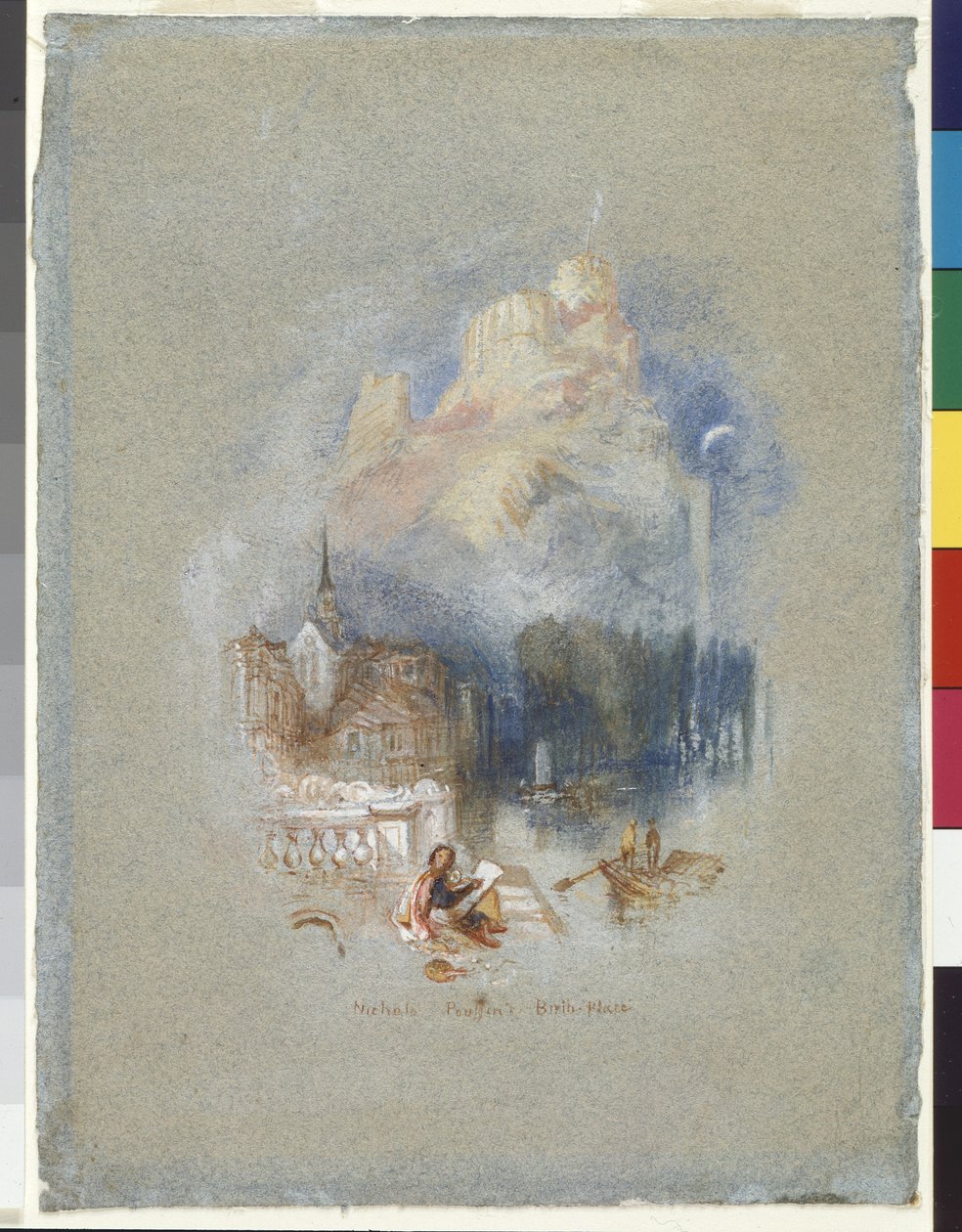 Nicholas Poussin szülőháza (akvarell és gouache vörös tintával erősített kék papíron) alkotó: Joseph Mallord William Turner