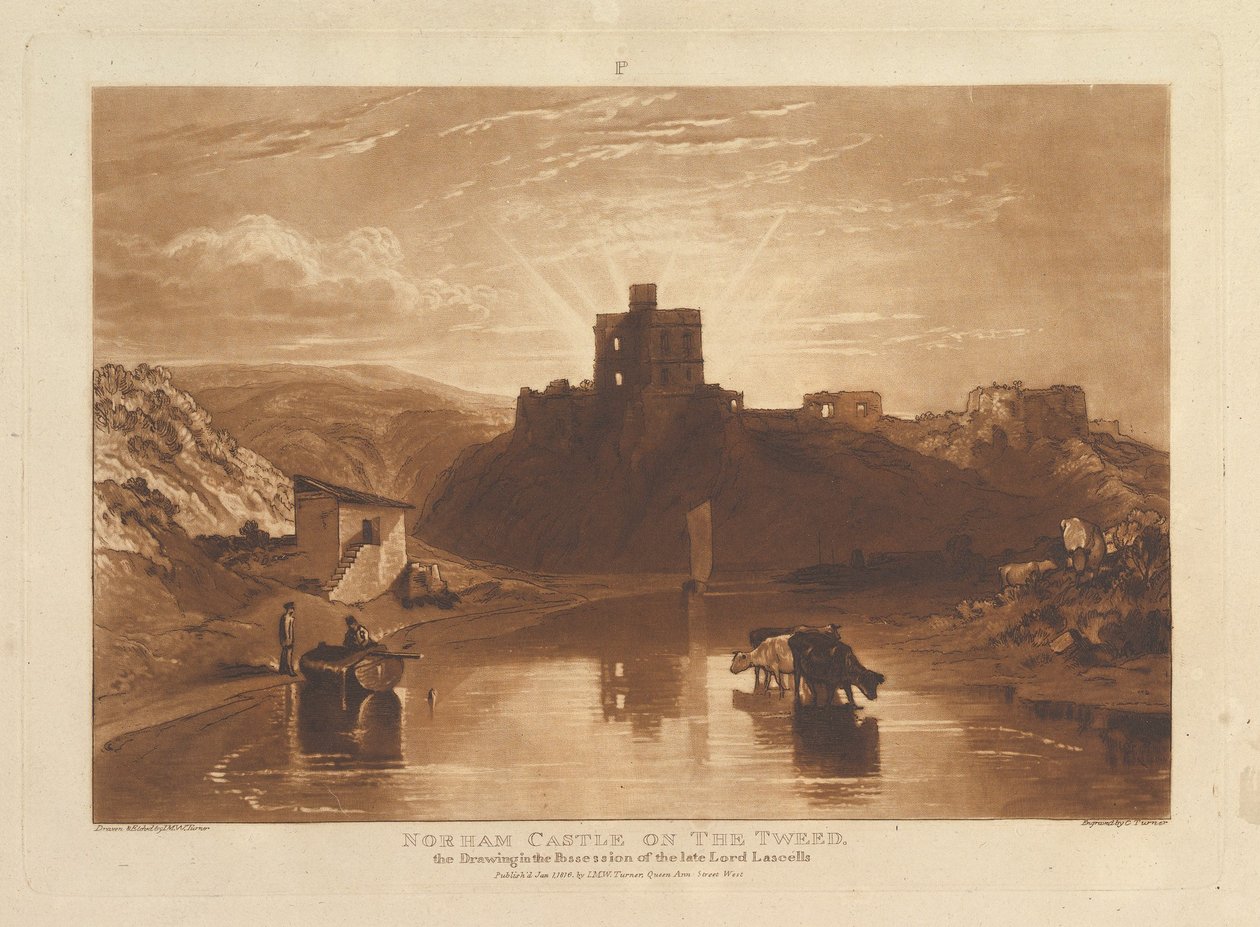 Norham kastély a Tweed Liber Studiorumon, XII. rész, 57. tábla, 1816. január 1. alkotó: Joseph Mallord William Turner
