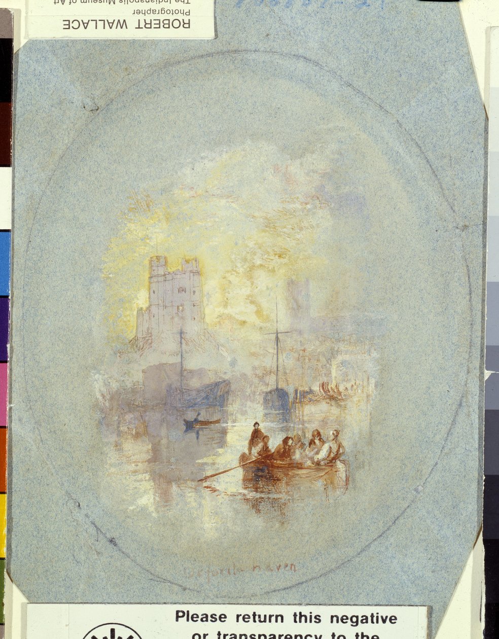Orford Haven (kék papíron tollal és tintával erősített gouache) alkotó: Joseph Mallord William Turner