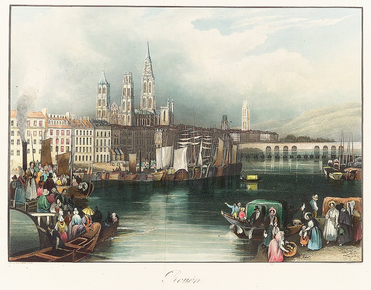 Rouen (Franciaország). Joseph Mallord William Turner (1775-1851) litográfiája (33x46,9 cm). alkotó: Joseph Mallord William Turner