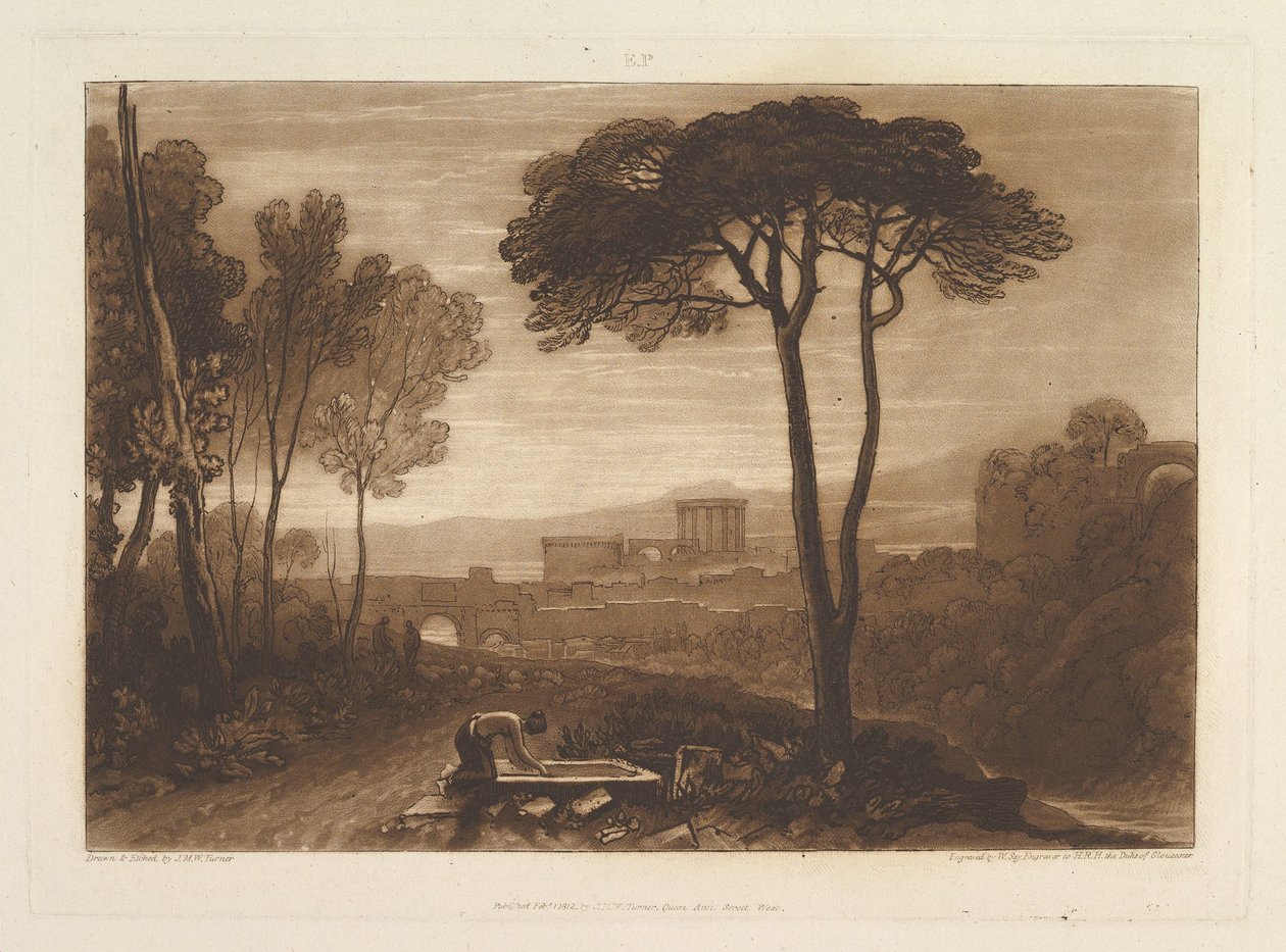Jelenet a Campagna Liber Studiorumban, VIII. rész, 38. lemez, 1812. február 1. alkotó: Joseph Mallord William Turner