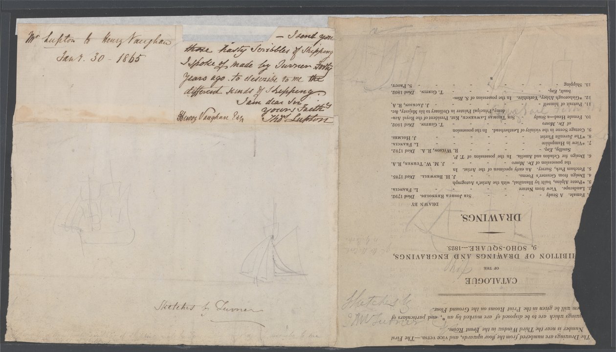 Két hajó vázlata egy katalógusoldalon, 1823 körül alkotó: Joseph Mallord William Turner