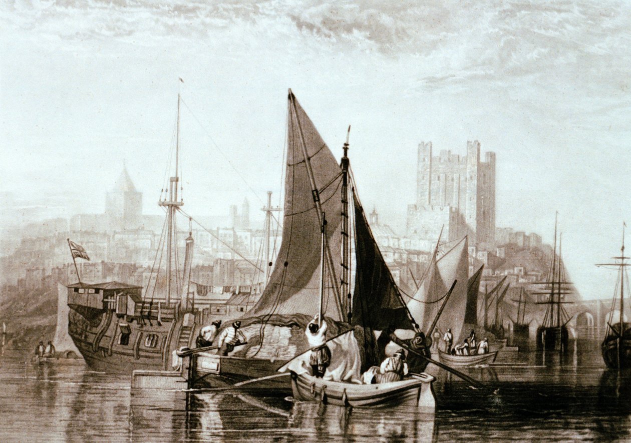 Szénát, egy börtönhajót és más hajókat szállító uszály Rochesternél, a Medway folyónál. alkotó: Joseph Mallord William Turner