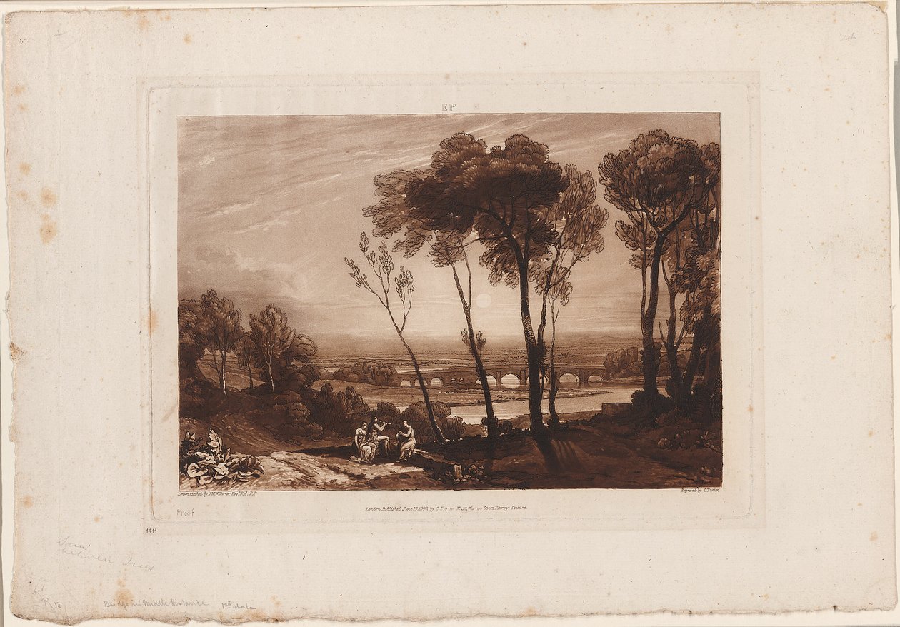 A híd Középtávon, 13. tábla a Liber Studiorumtól alkotó: Joseph Mallord William Turner