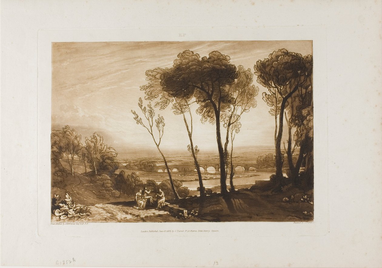 A híd Középtávon, 13-as lemez a Liber Studiorumtól alkotó: Joseph Mallord William Turner