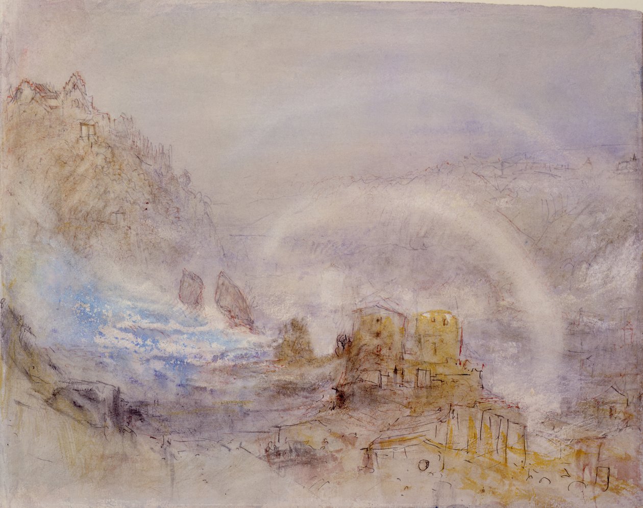 A Rajna vízesése Schaffhausenben (ceruza, piros tinta és WC papíron) alkotó: Joseph Mallord William Turner