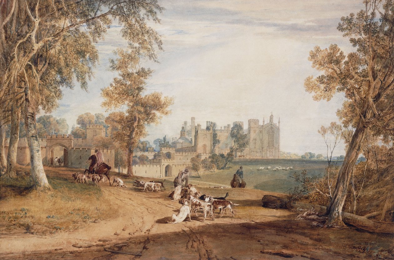 Az északnyugati front, Cassiobury, vadászkutyákkal és vadászokkal, alkotó: Joseph Mallord William Turner