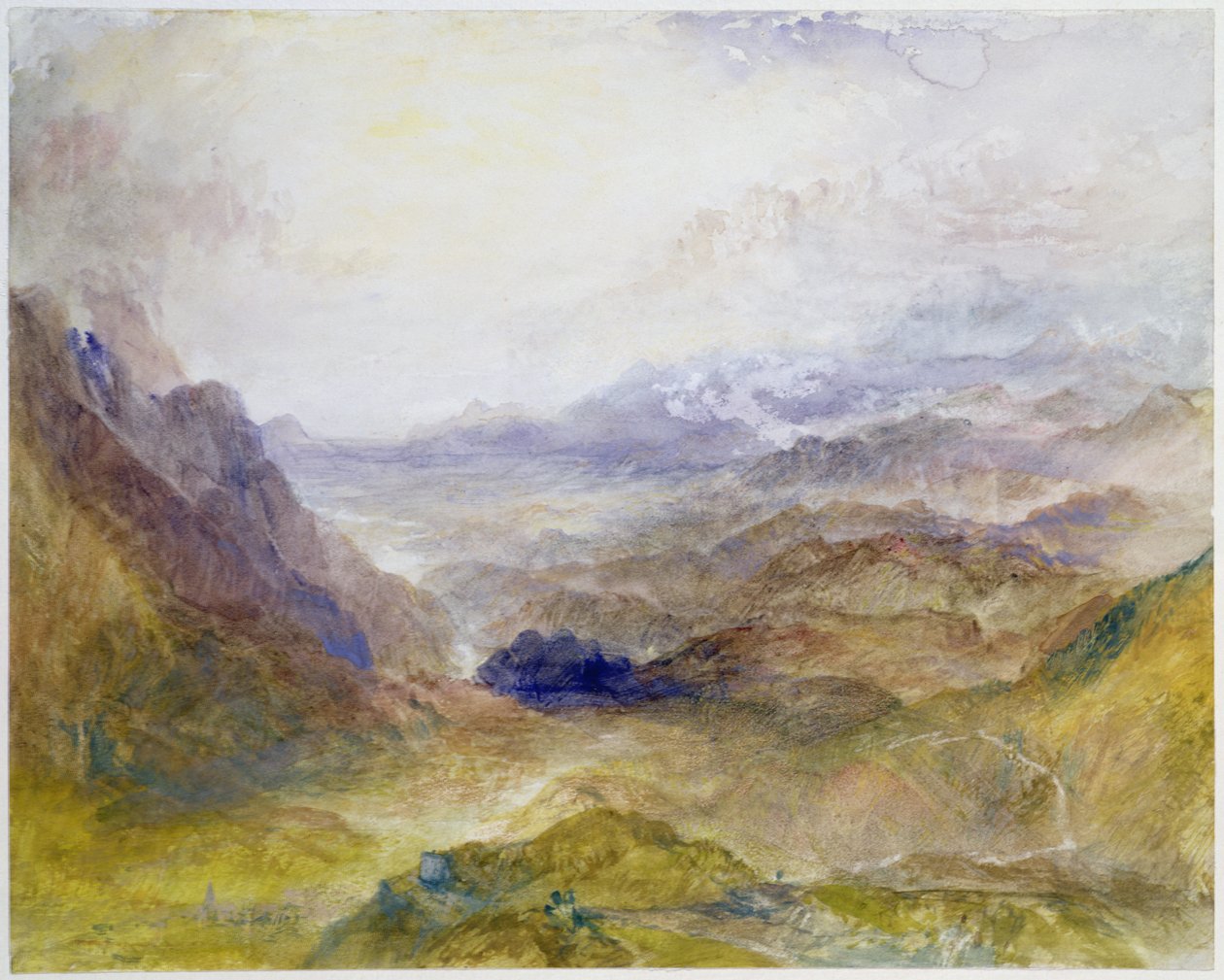 Kilátás egy alpesi völgyre, esetleg a Val d"Aosta-ra alkotó: Joseph Mallord William Turner
