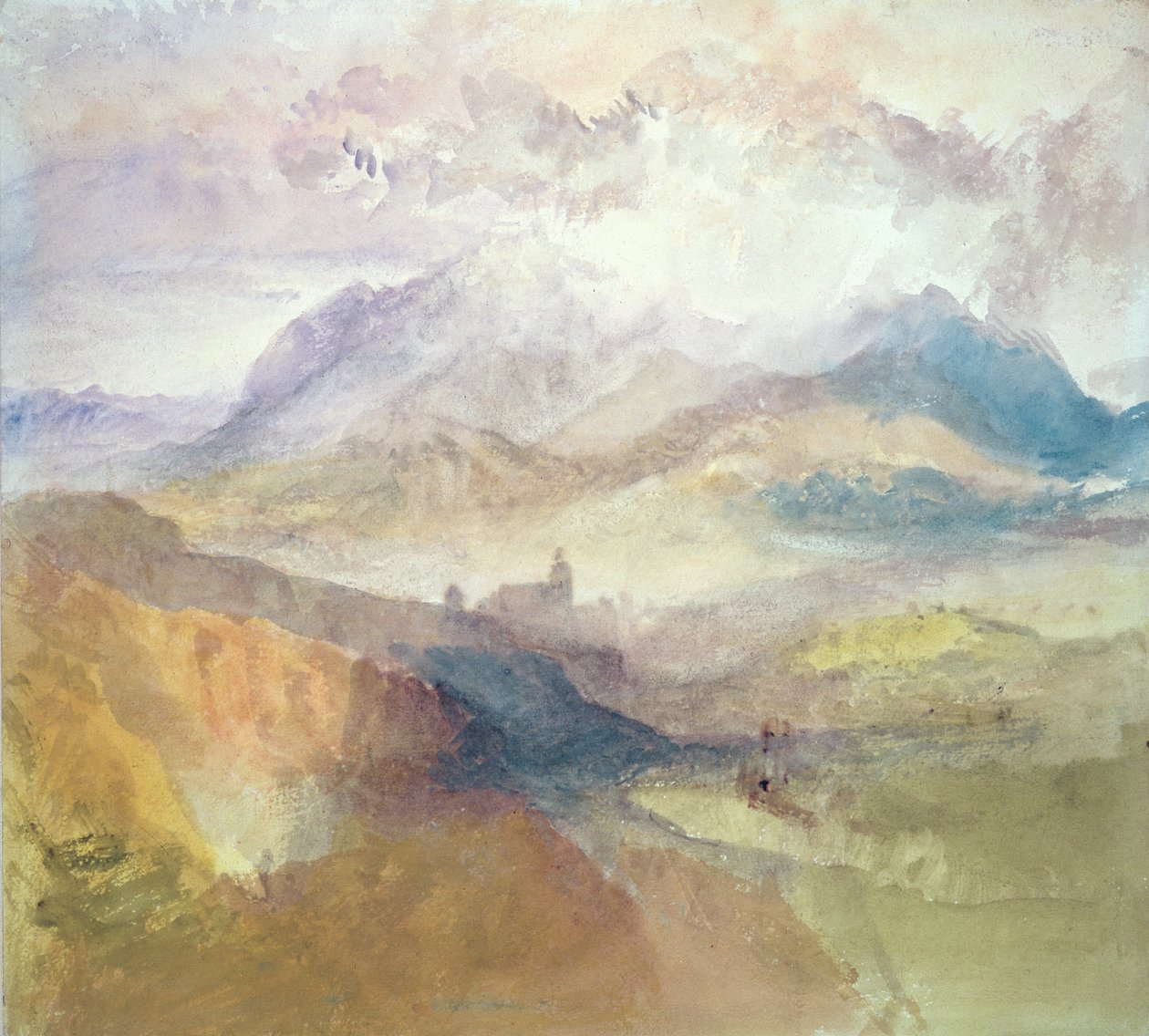 Kilátás egy alpesi völgyre, esetleg a Val d"Aosta-ra alkotó: Joseph Mallord William Turner