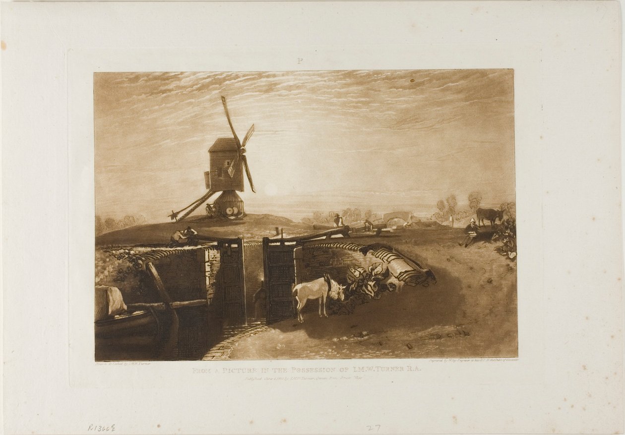 Szélmalom és zár, 27-es lemez a Liber Studiorumtól alkotó: Joseph Mallord William Turner