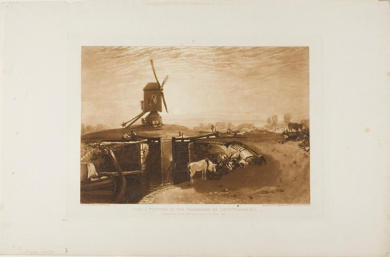 Szélmalom és zár, 27-es lemez a Liber Studiorumtól alkotó: Joseph Mallord William Turner