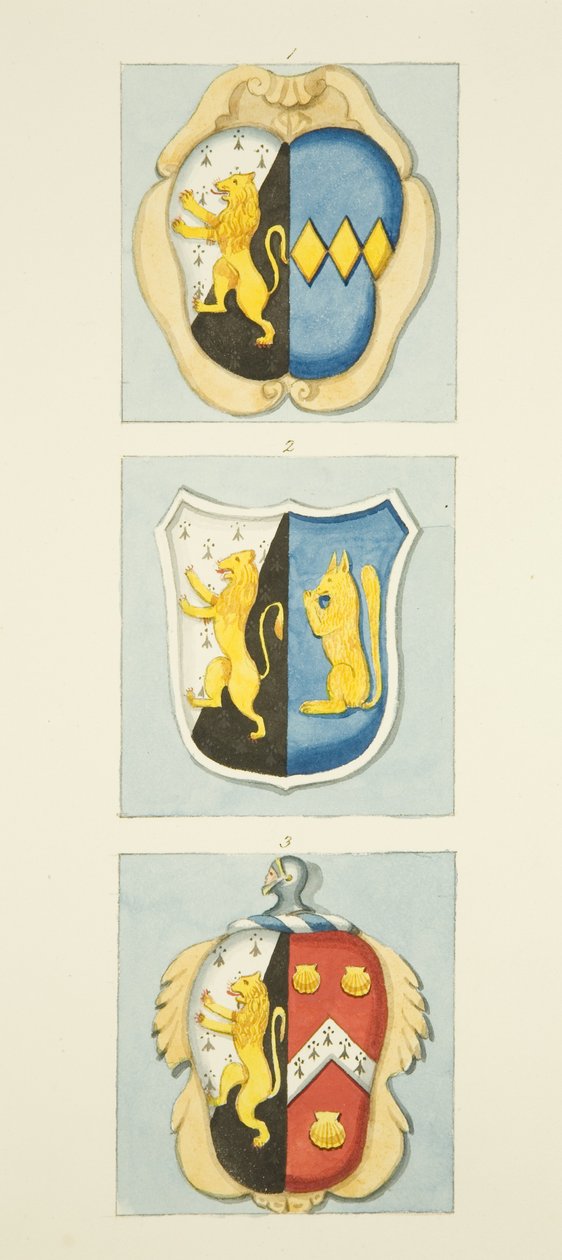 3 címer a Szent Jakab-templom emlékművein (ceruza és akvarell papíron) alkotó: Joseph Manning