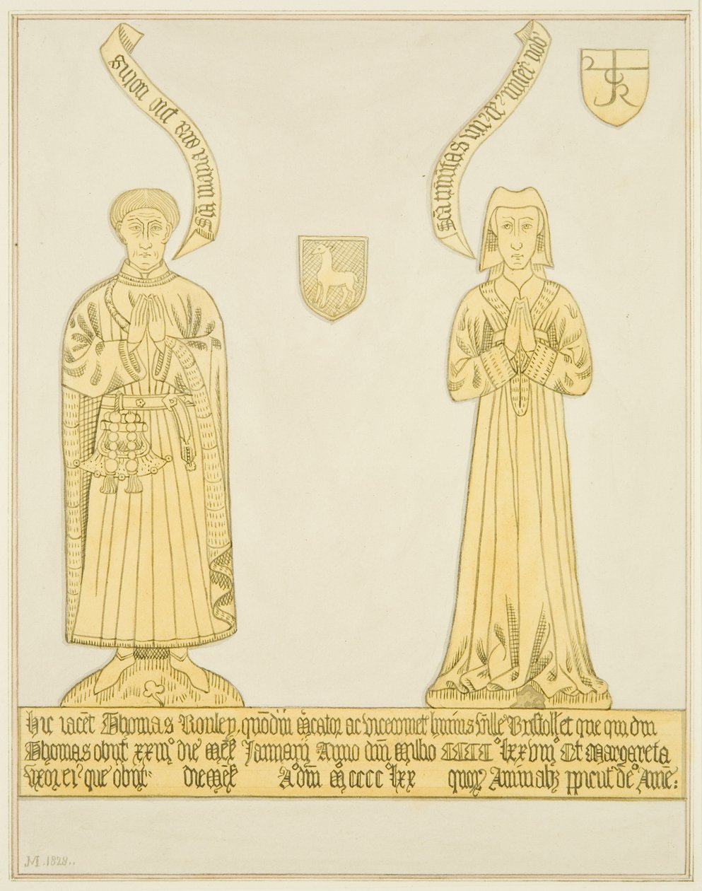 Thomas Rowley és felesége sárgaréz a Szent János-templom középső folyosóján (akvarell papíron) alkotó: Joseph Manning