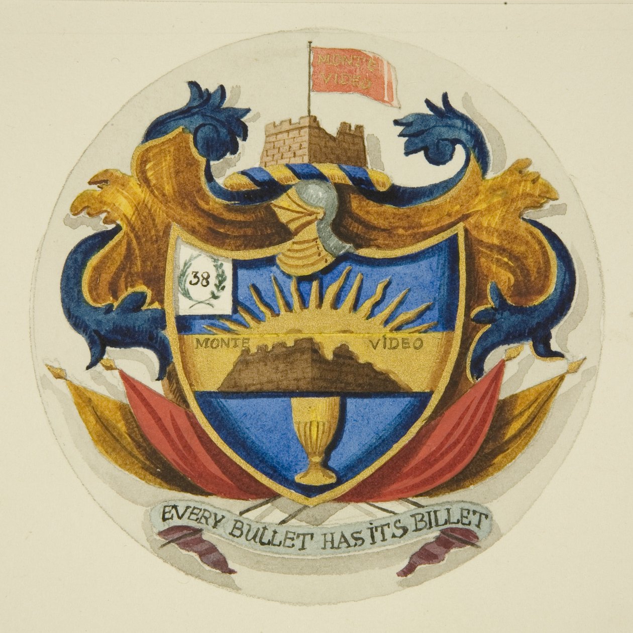 Címer a Szent Pál-templomban található emlékmű felett (ceruza és akvarell papíron) alkotó: Joseph Manning