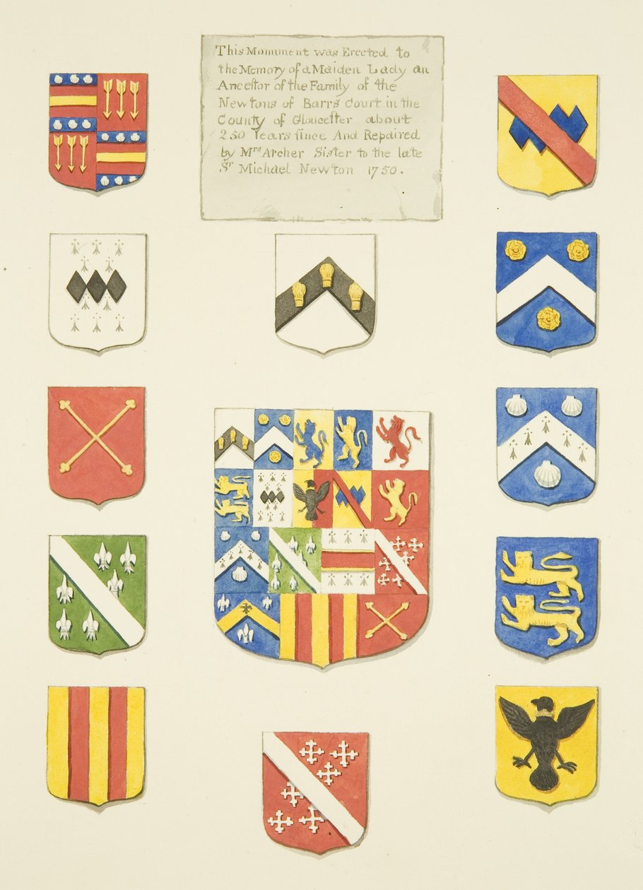 Címerek Miss Newton emlékművön a Szent Péter-templomban (ceruza és akvarell papíron) alkotó: Joseph Manning