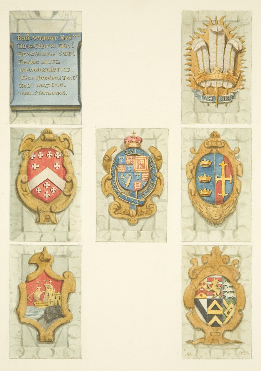 Címerek a bristoli katedrális kő szószékén (akvarell papíron) alkotó: Joseph Manning