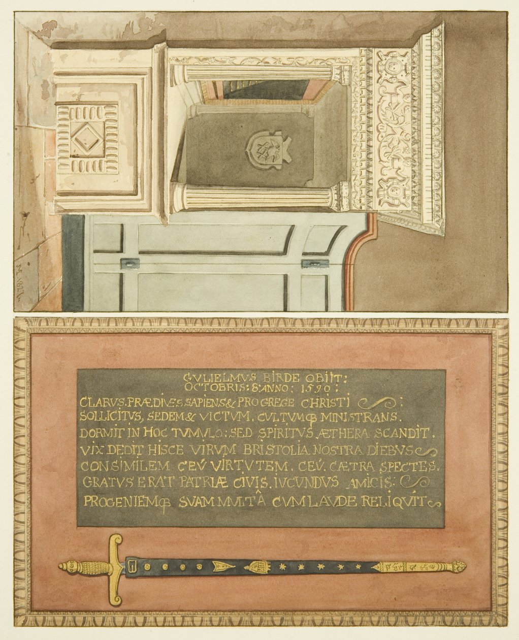 A Szent Márk-templomban található William Bird-emlékmű vége felirattal és bírói kard festményével (akvarell papíron) alkotó: Joseph Manning