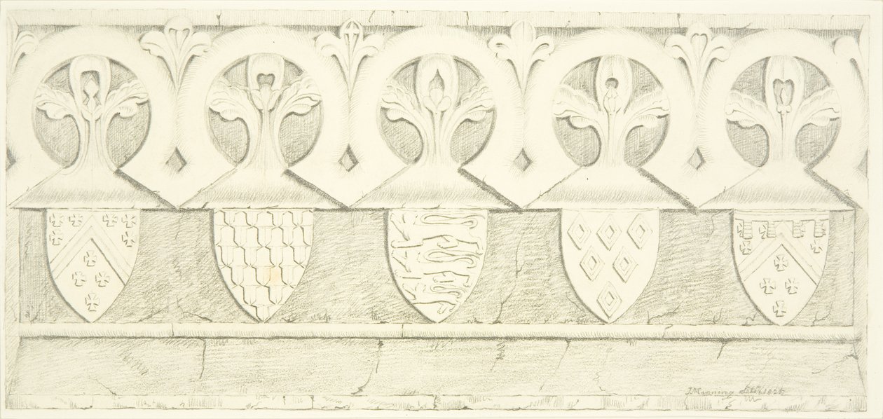 Gótikus fríz és címerek a bristoli katedrális sekrestyében (ceruza és akvarell papíron) alkotó: Joseph Manning