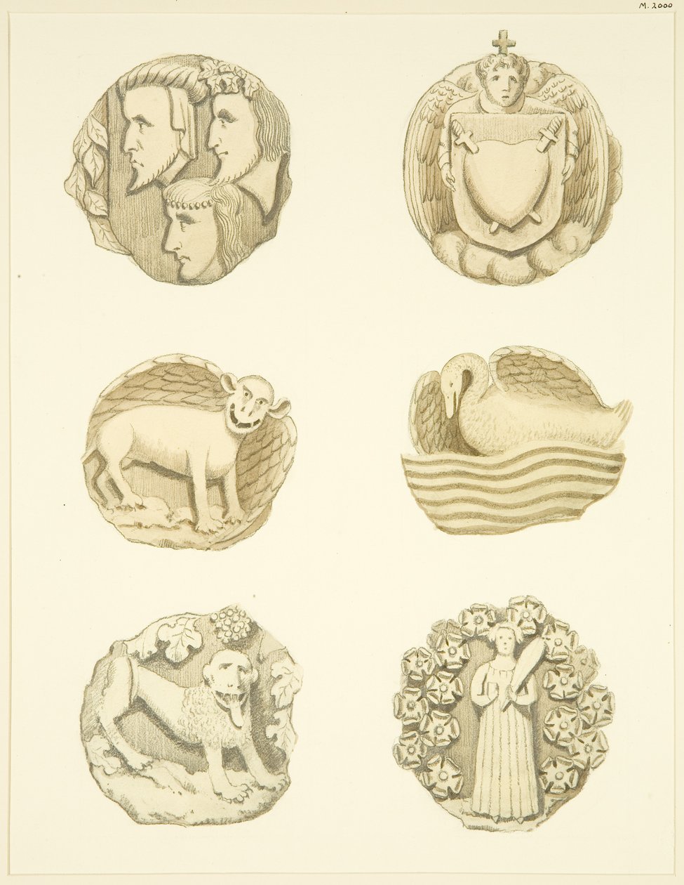 Lágyék kövek (főnökök) a Redcliffe templom mennyezetén (akvarell papíron) alkotó: Joseph Manning