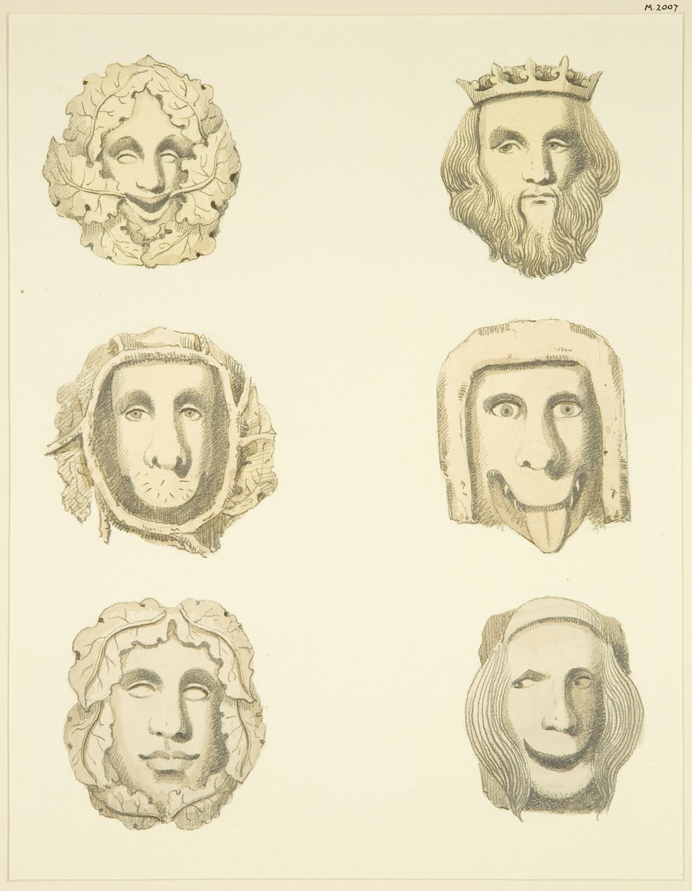 Lágyék kövek (főnökök) a Redcliffe templom mennyezetén (akvarell papíron) alkotó: Joseph Manning