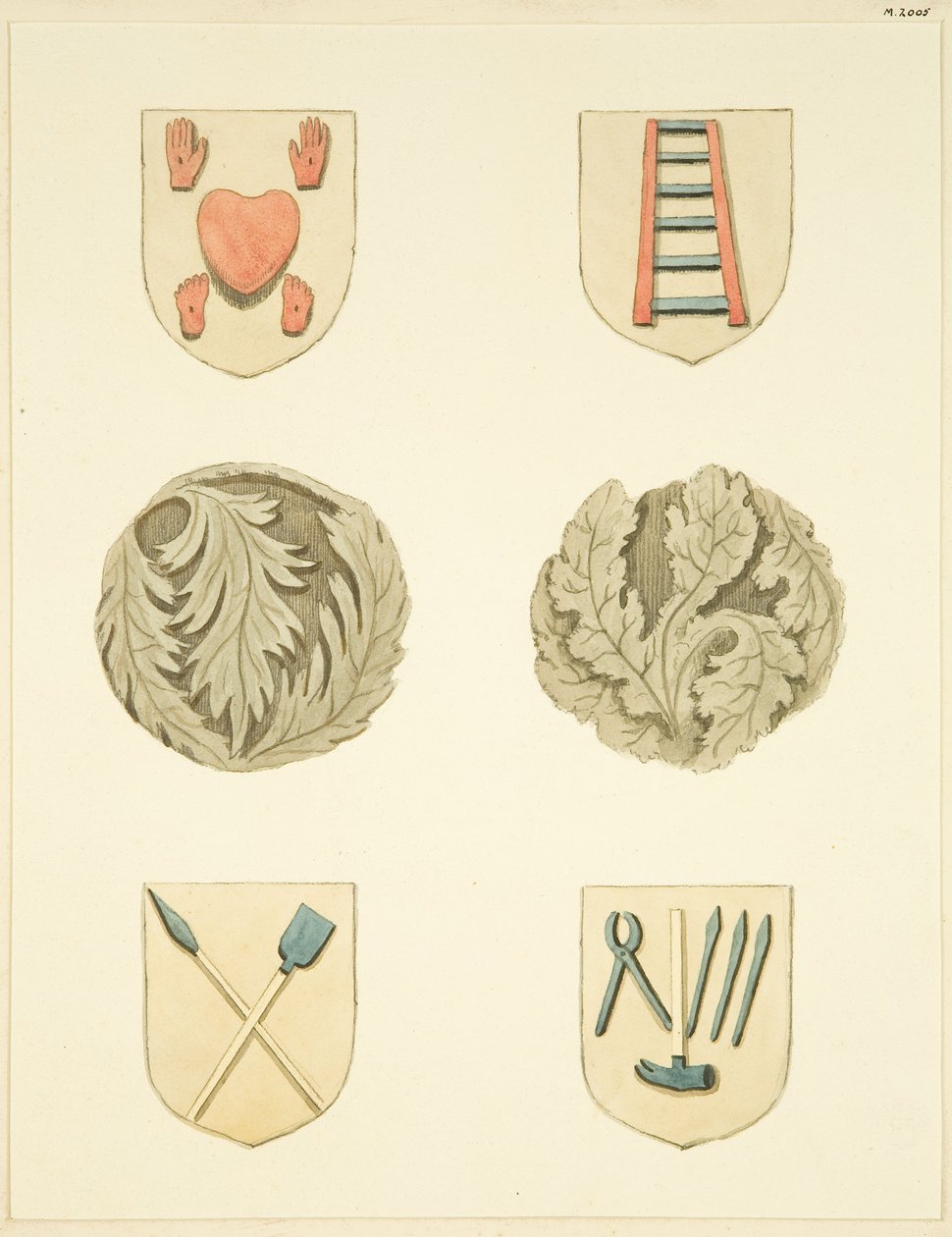 Lágyék kövek (főnökök) a Redcliffe templom mennyezetén (akvarell papíron) alkotó: Joseph Manning