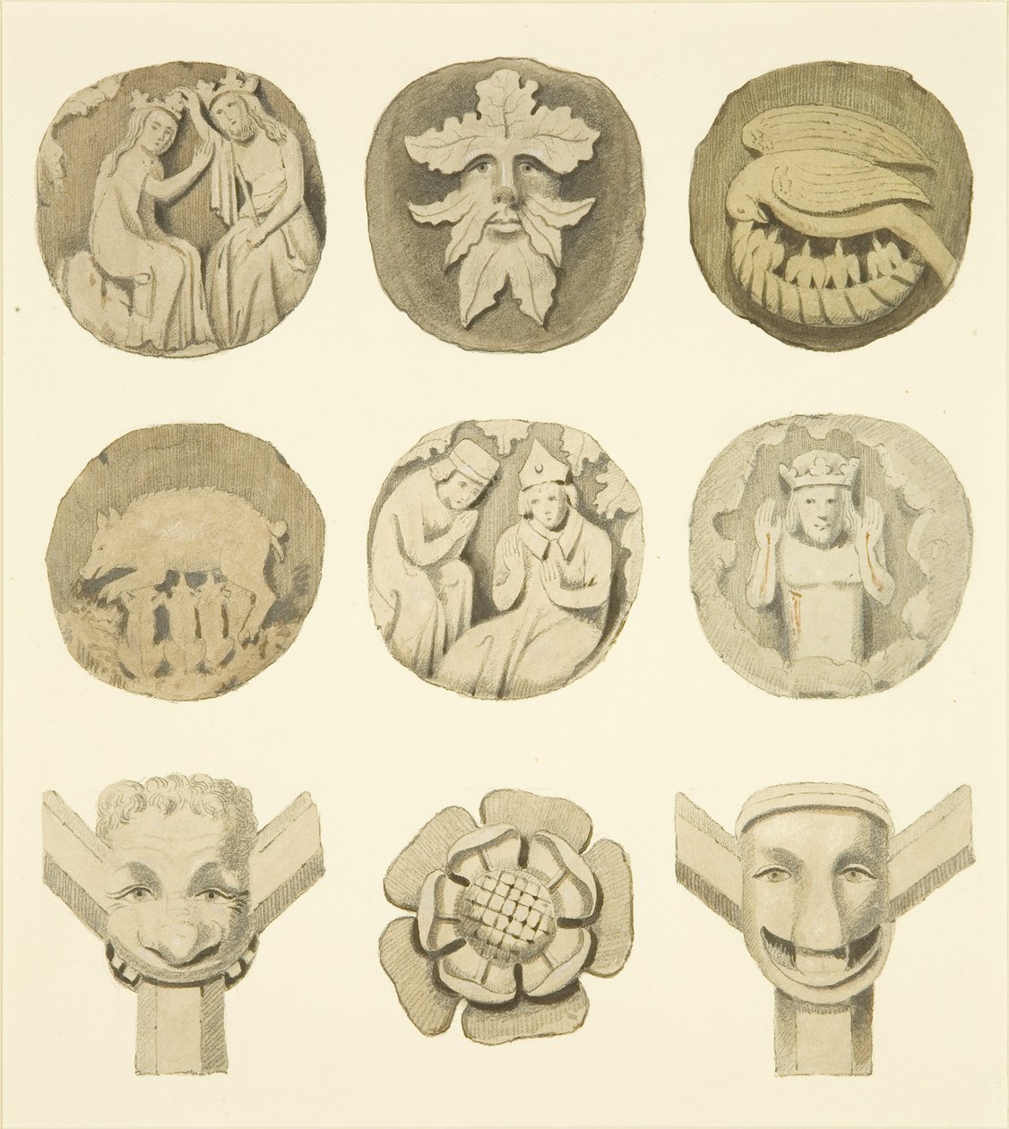 Lágyék kövek (főnökök) a Redcliffe templom mennyezetén (akvarell papíron) alkotó: Joseph Manning