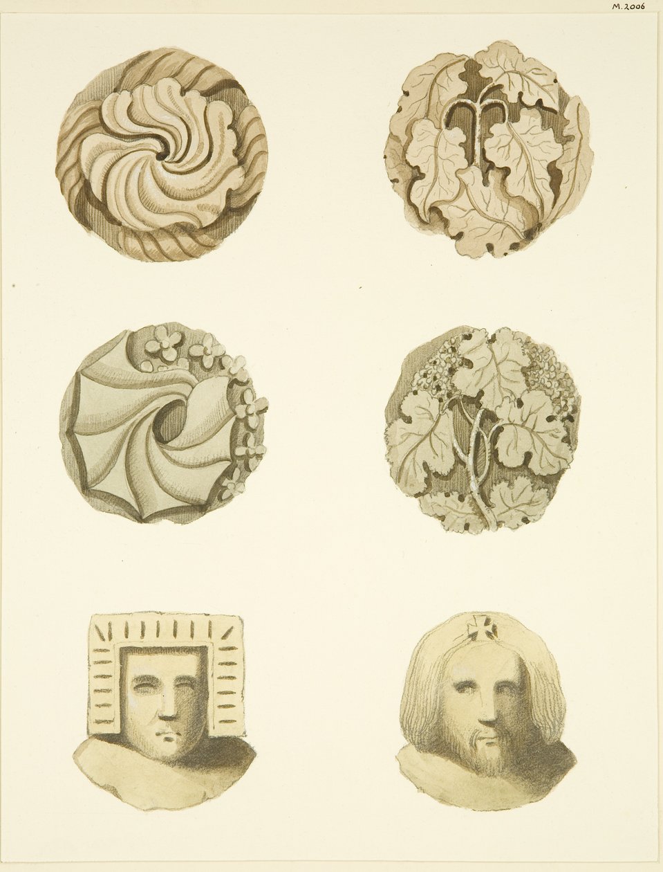 Lágyék kövek (főnökök) a Redcliffe templom mennyezetén (akvarell papíron) alkotó: Joseph Manning