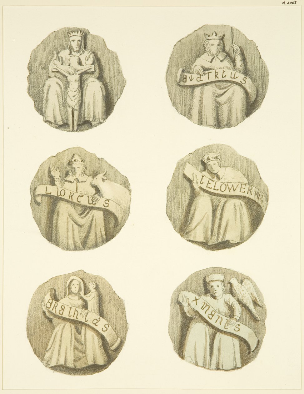 Lágyékkövek (főnökök) a Redcliffe templom mennyezetén (akvarell papíron) alkotó: Joseph Manning