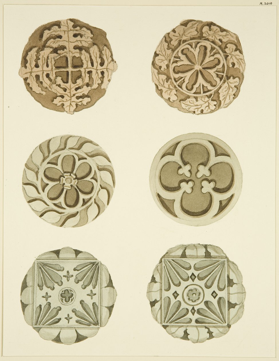 Lágyékkövek (főnökök) a St Mary Redcliffe mennyezetén (akvarell papíron) alkotó: Joseph Manning