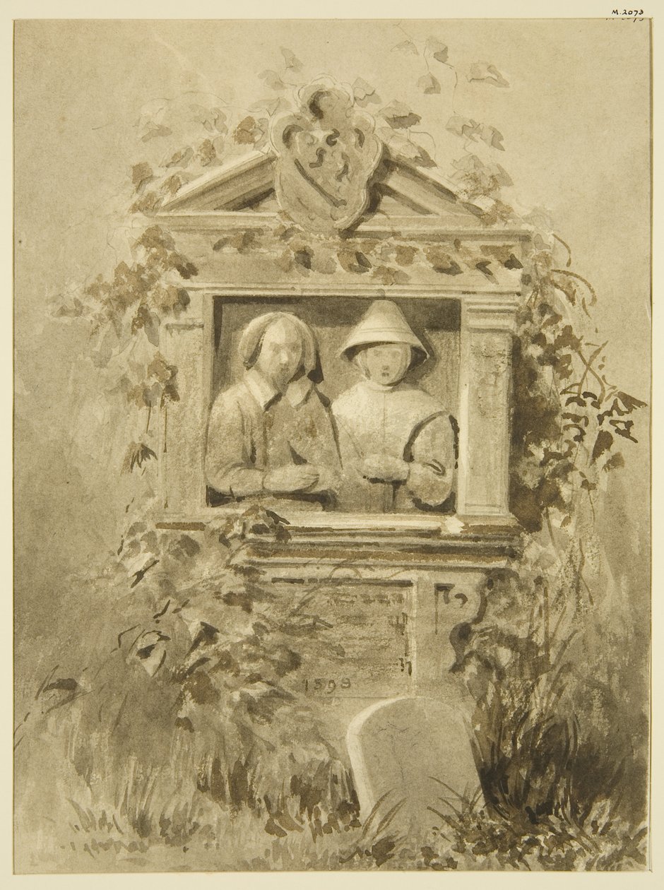 Emlékmű a Szent Tamás templomkertben (valószínűleg Richard Hart) eltávolították a régi templomból (akvarell papíron) alkotó: Joseph Manning