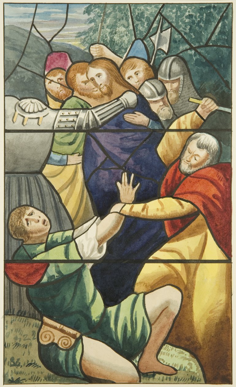 Ólomüveg a Szent Márk-templomban – Krisztus elvétele (akvarell papíron) alkotó: Joseph Manning