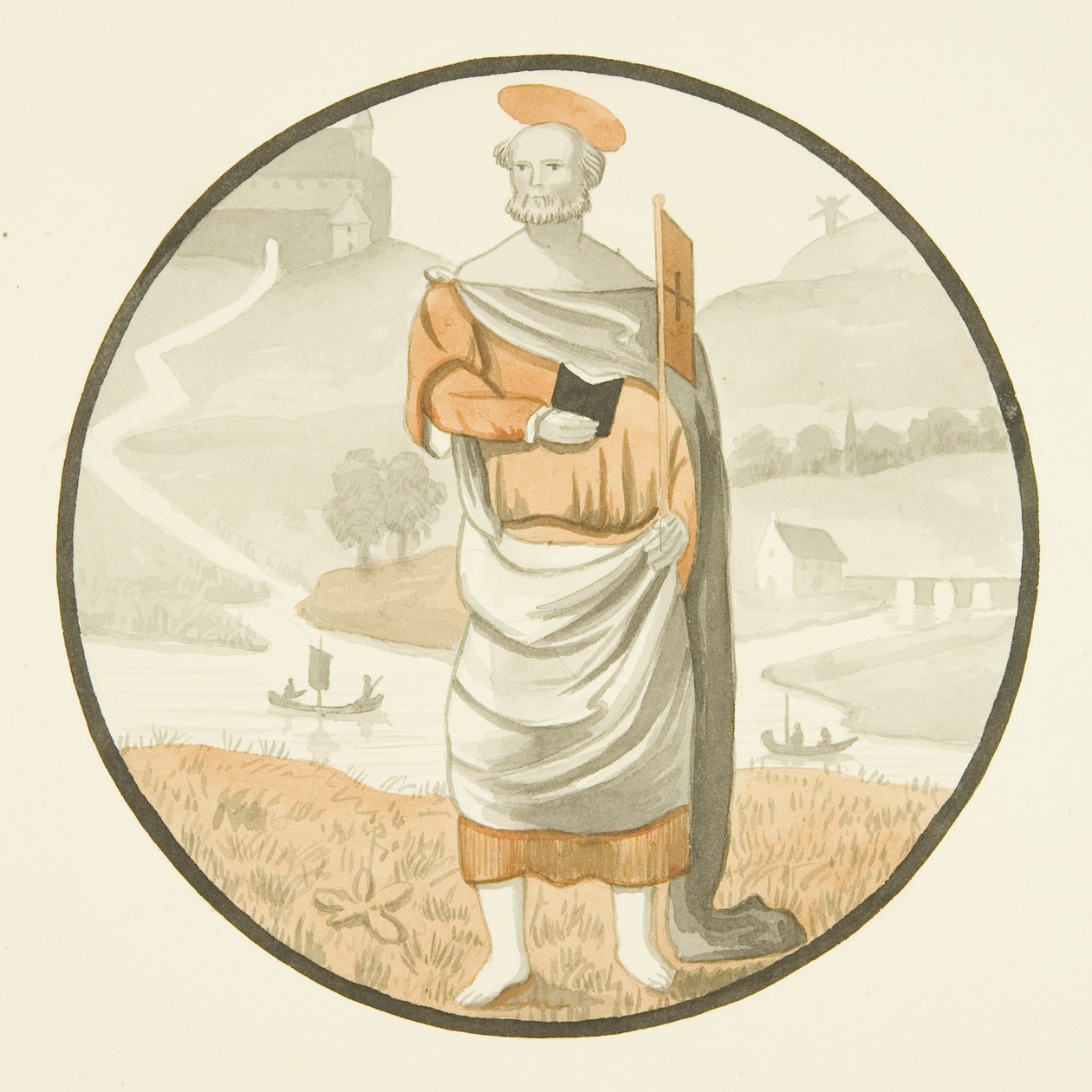 Ólomüveg a Szent Márk-templomban - egy szent (akvarell papíron) alkotó: Joseph Manning