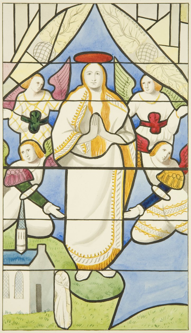 Ólomüveg a Szent Márk-templomban – a Szűz mennybemenetele (akvarell papíron) alkotó: Joseph Manning