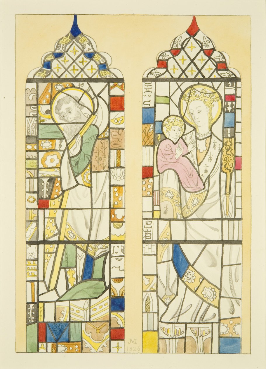 Ólomüveg az ablakban a St Mary Redcliffe betűtípus felett (akvarell papíron) alkotó: Joseph Manning
