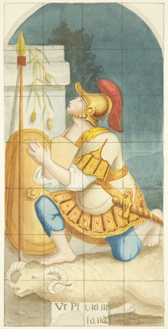 Ólomüveg ablak a bristoli székesegyház déli folyosójának keleti végén, Gedeon és a gyapjú (akvarell papíron) alkotó: Joseph Manning