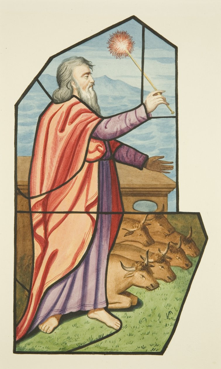 Ólomüveg ablak, valószínűleg Mózes, Szent Mihály képe látható (akvarell papíron) alkotó: Joseph Manning