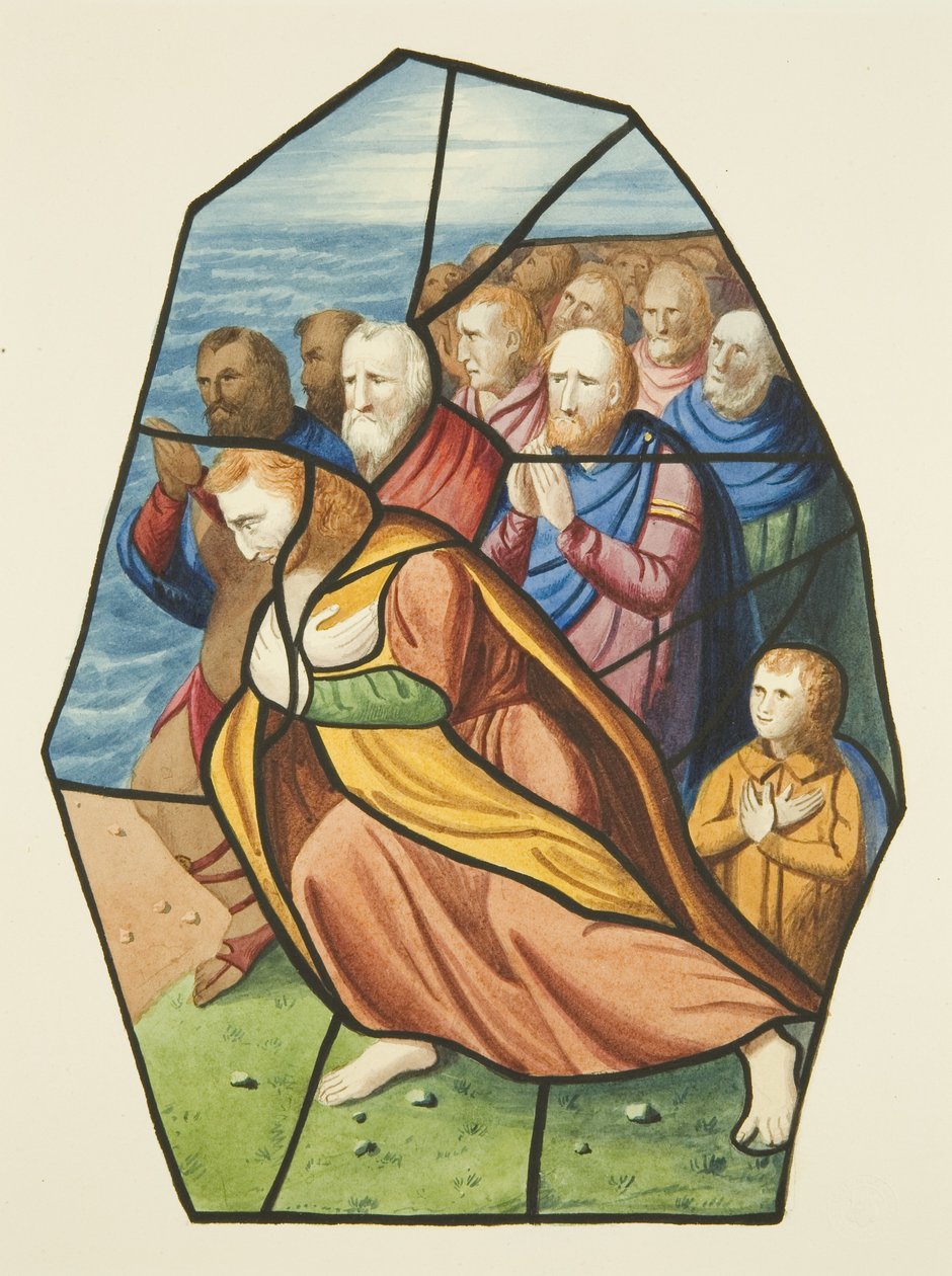 Ólomüveg ablakok, valószínűleg a tanítványokat ábrázolják a Galileai-tengernél, Szent Mihály-templom (akvarell papíron) alkotó: Joseph Manning