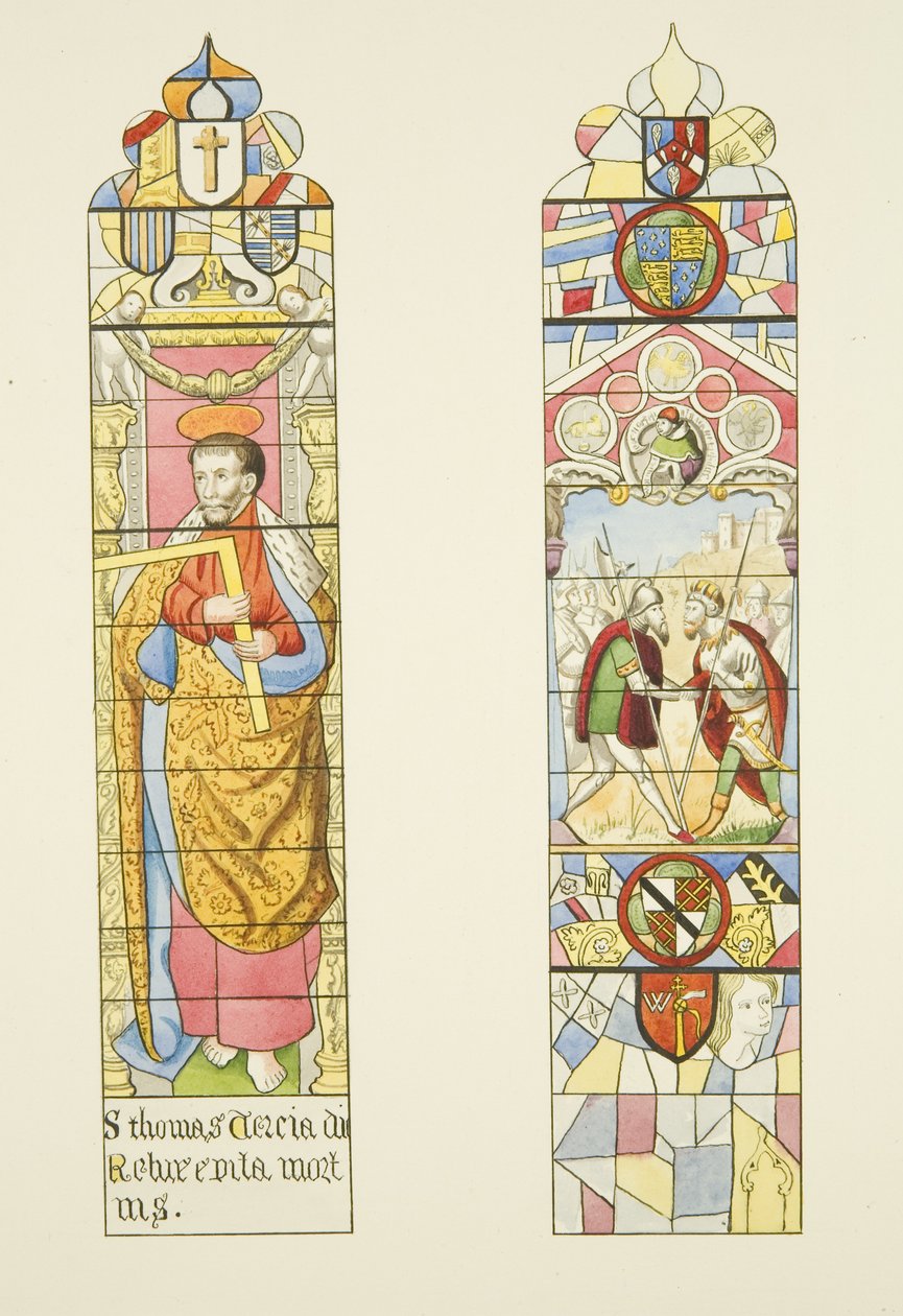 Két ólomüveg ablak, amelyek a Szent Márk oltár ablakát alkotják, az egyik Szent Tamás (akvarell, papír) alkotó: Joseph Manning
