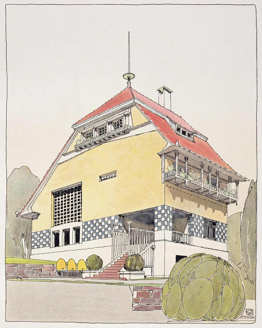 Tanulmány a darmstadti Olbrich-házhoz, az "Architektur von Olbrich"-ből, 1904-1914 körül alkotó: Joseph Maria Olbrich