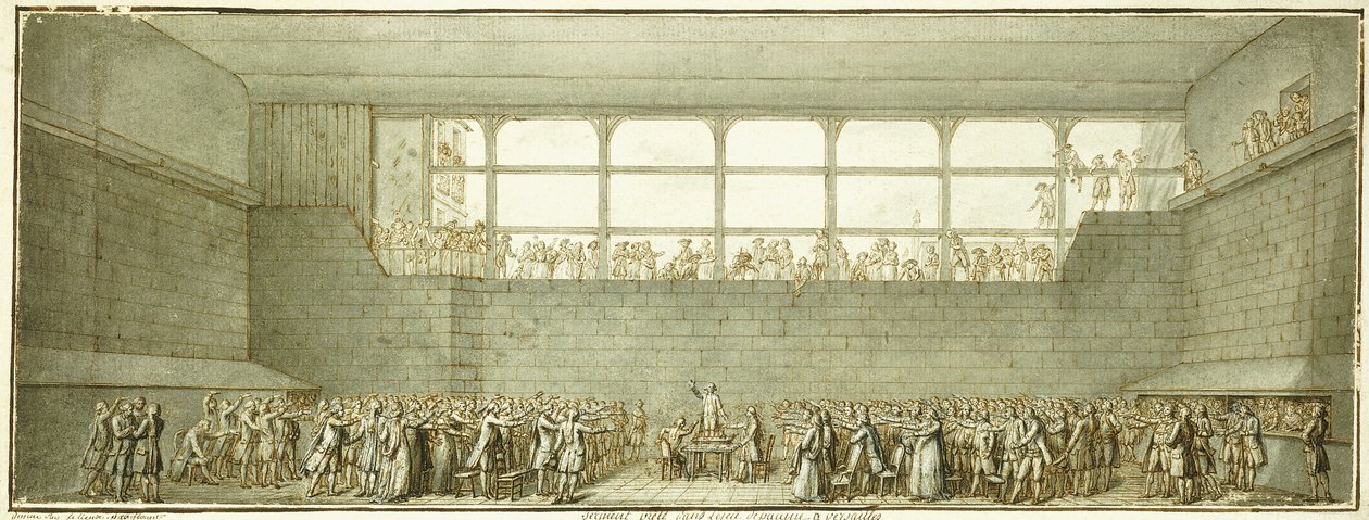 A teniszpálya esküje, 1789 körül (fekete kréta, toll és barna tinta szürke mosással) alkotó: Joseph Marie Flouest