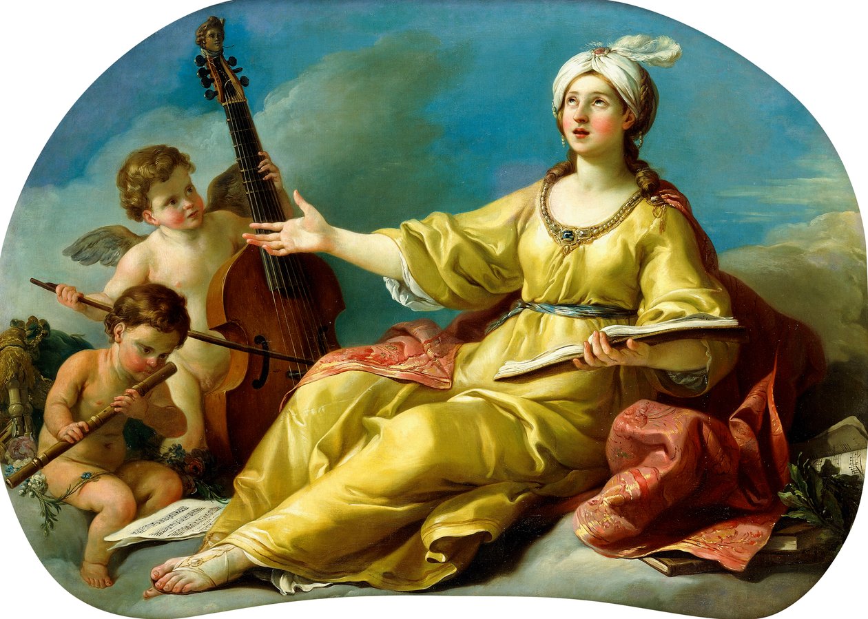 A zene megszemélyesítése, éneklés Puttival, aki hegedül és furulyázik, 1758 alkotó: Joseph Marie Vien